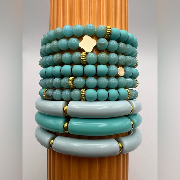 Boho Chic Teal Stackable Bead Bracelet Set - Stylish Dressy Bracelet Set - Picture 4 of 13